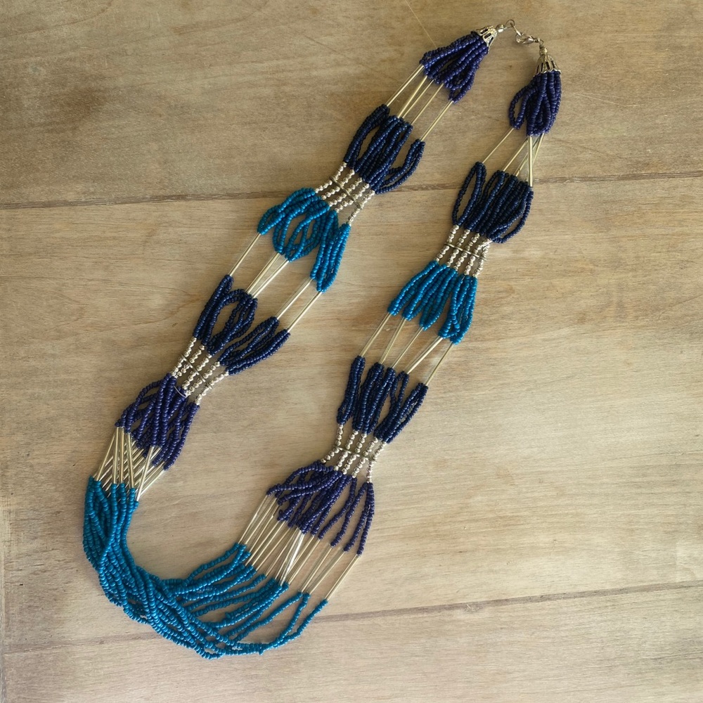 Blue and sliver cluster beaded necklace. 15” long